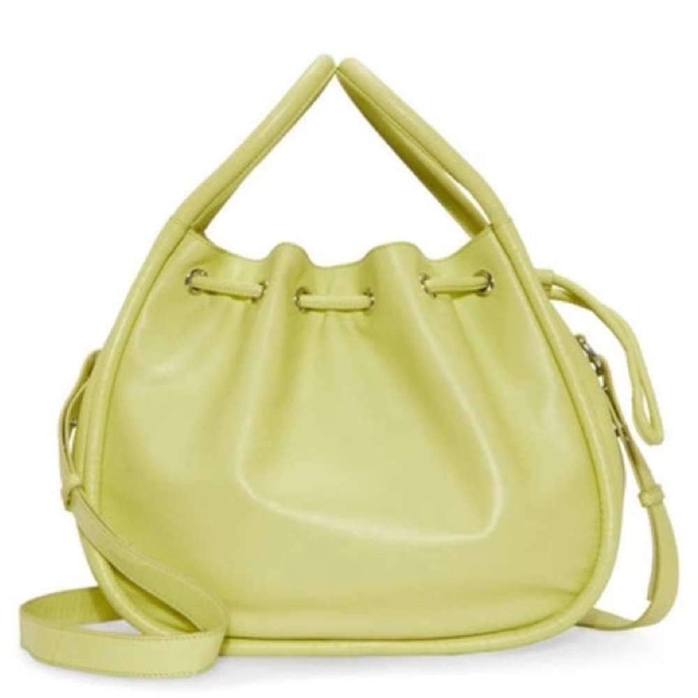 NWOT Vince Camuto Faslo Leather Bucket Satchel in Celery with Drawstring Closure - Picture 2 of 16